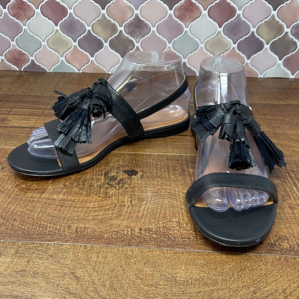 Kate Spade La Danse Black Leather Tassel Ankle Strap Flat Sandals Size 7.5B‎